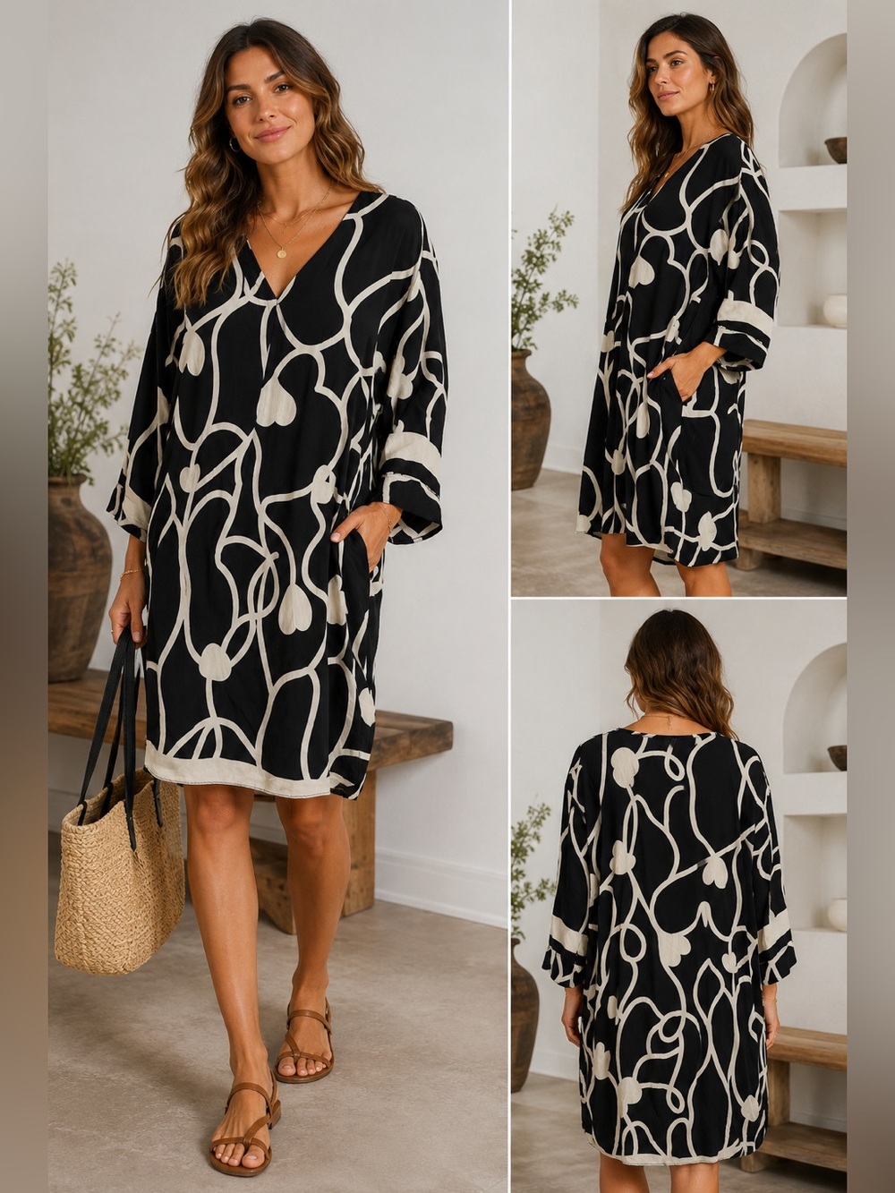 JAKI London NWT Black Cream Abstract Print Oversized Midi Dress Made Italy
